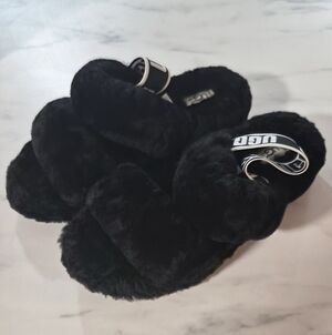 Ugg Australia Oh Yeah Black Fluffy Slides - Size 6 - New Without Box